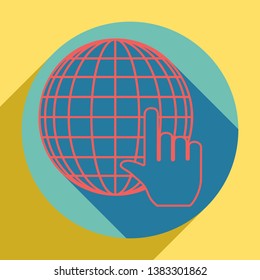 Earth Globe with cursor. Sunset orange icon with llapis lazuli shadow inside medium aquamarine circle with different goldenrod shadow at royal yellow background.