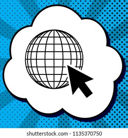 Earth Globe with cursor. Vector. Black icon in bubble on blue pop-art background with rays.