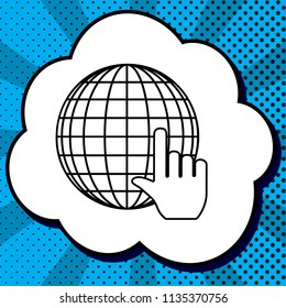 Earth Globe with cursor. Vector. Black icon in bubble on blue pop-art background with rays.