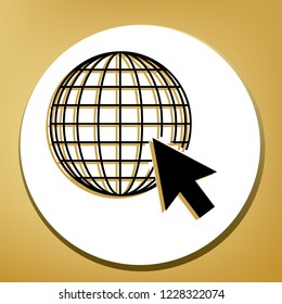 Earth Globe with cursor. Vector. Black icon with light brown shadow in white circle with shaped ring at golden background.