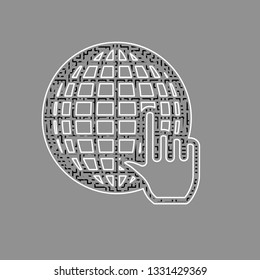 Earth Globe with cursor. Vector. Black maze filled icon with white border at gray background.