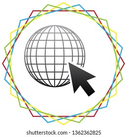 Earth Globe with cursor. Vector. Black icon with patch of light inside colorful hexagonal frames at white background.