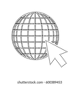 Earth Globe with cursor. Vector. Black dotted icon on white background. Isolated.
