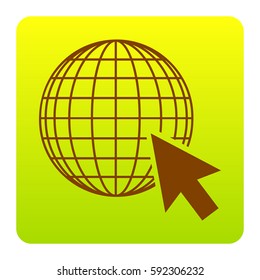 Earth Globe with cursor. Vector. Brown icon at green-yellow gradient square with rounded corners on white background. Isolated.