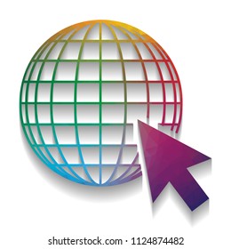 Earth Globe with cursor. Vector. Colorful icon with bright texture of mosaic with soft shadow on white background. Isolated.
