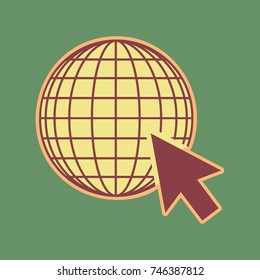 Earth Globe with cursor. Vector. Cordovan icon and mellow apricot halo with light khaki filled space at russian green background.