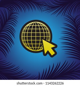 Earth Globe with cursor. Vector. Golden icon with black contour at blue background with branches of palm trees.