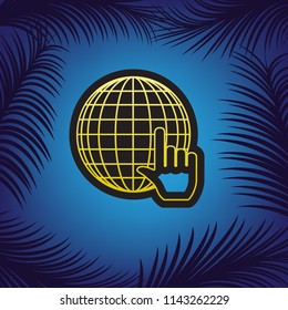 Earth Globe with cursor. Vector. Golden icon with black contour at blue background with branches of palm trees.