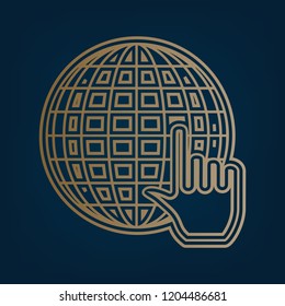 Earth Globe with cursor. Vector. Golden icon and border at dark cyan background.