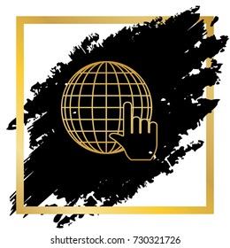 Earth Globe with cursor. Vector. Golden icon at black spot inside golden frame on white background.