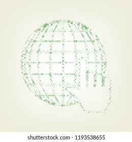 Earth Globe with cursor. Vector. Green hexagon rastered icon and noised opacity and size at light green background with central light.