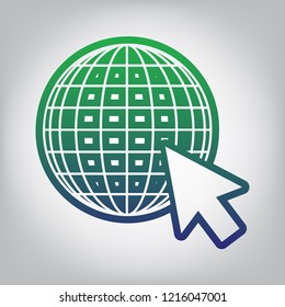Earth Globe with cursor. Vector. Green to blue gradient contour icon at grayish background with light in center.