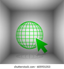 Earth Globe with cursor. Vector. Green icon with shadow in the room.