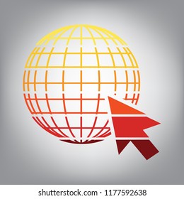 Earth Globe with cursor. Vector. Horizontally sliced icon with colors from sunny gradient in gray background.