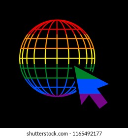 Earth Globe with cursor. Vector. Icon with colors of LGBT flag at black background.