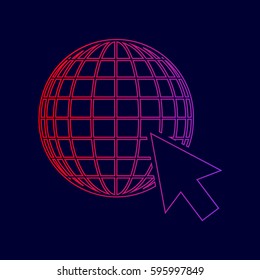 Earth Globe with cursor. Vector. Line icon with gradient from red to violet colors on dark blue background.