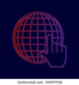 Earth Globe with cursor. Vector. Line icon with gradient from red to violet colors on dark blue background.