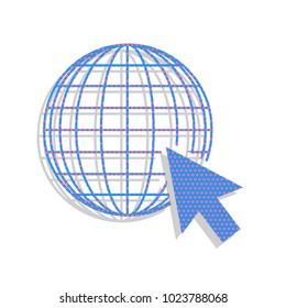 Earth Globe with cursor. Vector. Neon blue icon with cyclamen polka dots pattern with light gray shadow on white background. Isolated.