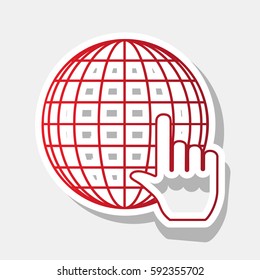 Earth Globe with cursor. Vector. New year reddish icon with outside stroke and gray shadow on light gray background.