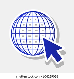 Earth Globe with cursor. Vector. New year bluish icon with outside stroke and gray shadow on light gray background.
