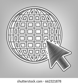 Earth Globe with cursor. Vector. Pencil sketch imitation. Dark gray scribble icon with dark gray outer contour at gray background.