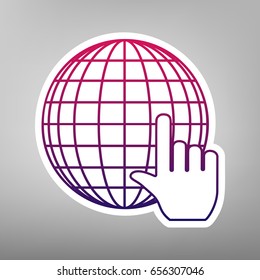 Earth Globe with cursor. Vector. Purple gradient icon on white paper at gray background.