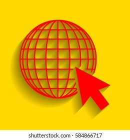 Earth Globe with cursor. Vector. Red icon with soft shadow on golden background.