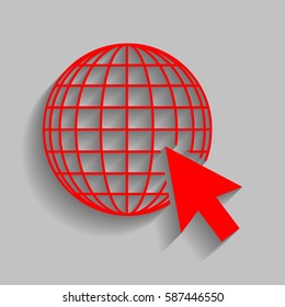Earth Globe with cursor. Vector. Red icon with soft shadow on gray background.