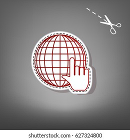 Earth Globe with cursor. Vector. Red icon with for applique from paper with shadow on gray background with scissors.