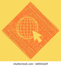 Earth Globe with cursor. Vector. Red scribble icon obtained as a result of subtraction rhomb and path. Royal yellow background.