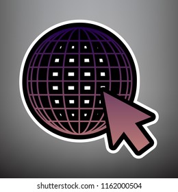 Earth Globe with cursor. Vector. Violet gradient icon with black and white linear edges at gray background.