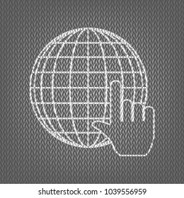 Earth Globe with cursor. Vector. White knitted icon on gray knitted background. Isolated.