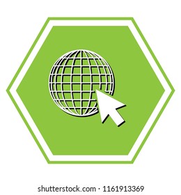 Earth Globe with cursor. Vector. White icon with black shadow at yellow green honeycomb on white background.