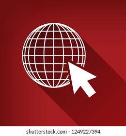 Earth Globe with cursor. Vector. White icon with limitless shadow at ruby red background.