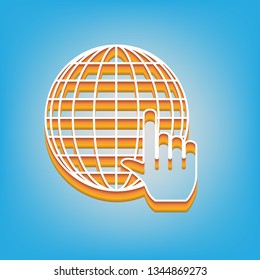 Earth Globe with cursor. Vector. White icon with 3d warm-colored gradient body at sky blue background.