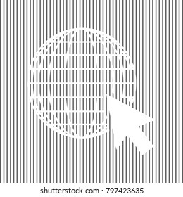 Earth Globe with cursor. Vector. White icon on grayish striped background. Optical illusion.