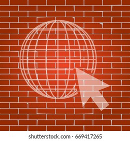 Earth Globe with cursor. Vector. Whitish icon on brick wall as background.