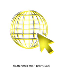 Earth Globe with cursor. Vector. Yellow icon with square pattern duplicate at white background. Isolated.