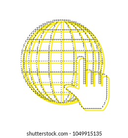 Earth Globe with cursor. Vector. Yellow icon with square pattern duplicate at white background. Isolated.