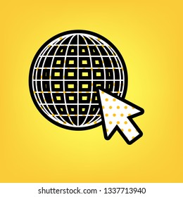 Earth Globe with cursor. Vector. Yellow polka dot white icon with black contour at warm yellow background.