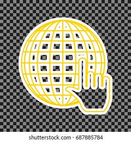 Earth Globe with cursor. Vector. Yellow icon with white contour on dark transparent background.