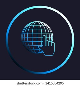 Earth Globe with cursor. White, cyan and blue gradient icon as round button in white shell at dark blue background. Illustration.