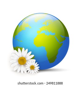 Earth globe with daisies