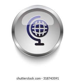 Earth Globe dark blue vector icon on a glossy glass button with chrome on white background