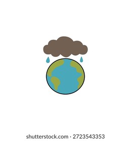 O globo terrestre com uma nuvem escura chovendo sobre ele. Ilustração vetorial simples e plana simbolizando questões ambientais, mudanças climáticas, poluição e a necessidade de sustentabilidade.