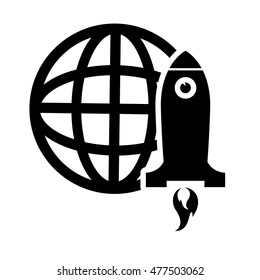 earth globe diagram and rocket icon