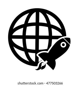 earth globe diagram and rocket icon