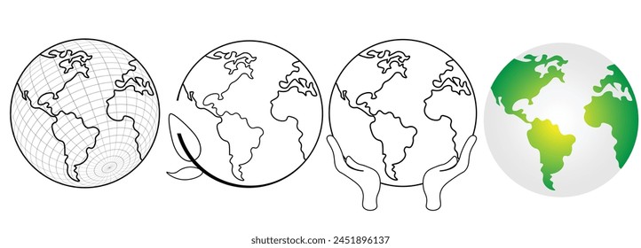 Globo terrestre en diferentes diseños. Ilustración de Vector. Conjunto de iconos de tierra.