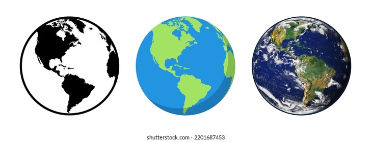 Earth Globe. Earth Globe in verschiedenen Designs. Webflach und realistisches Design. Earth Globe, Planet. Vektorgrafik