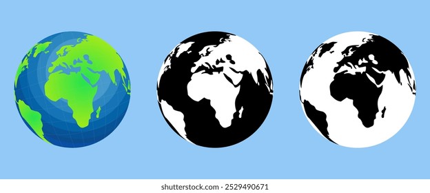 Earth Globe in different designs. World Map in circle. Earth Globes collection. World Map in modern simple styles. Earth Map, isolated on white background. Globes web icon. Vector illustration